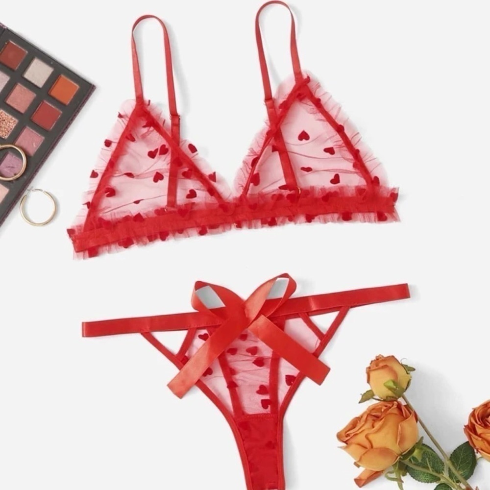 Heart Pattern Frill Trim Mesh Lingerie Set